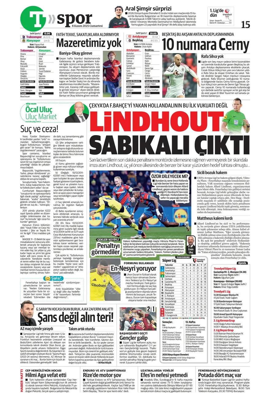 "Bahis ve şike depremi" (8 Kasım 2025 spor manşetleri) 13