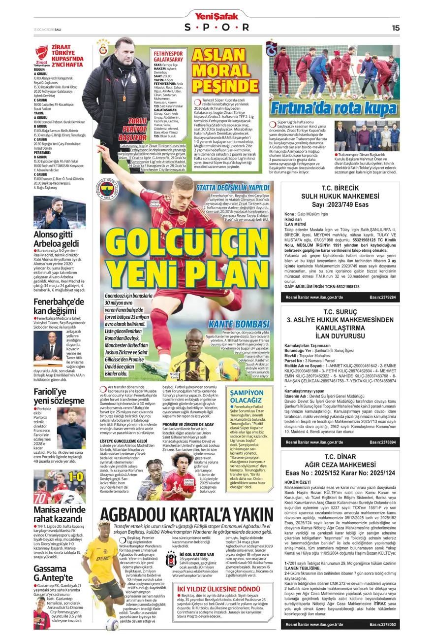 "Aslan'a Ruiz'de dev rakip" (13 Ocak 2026 spor manşetleri) 16