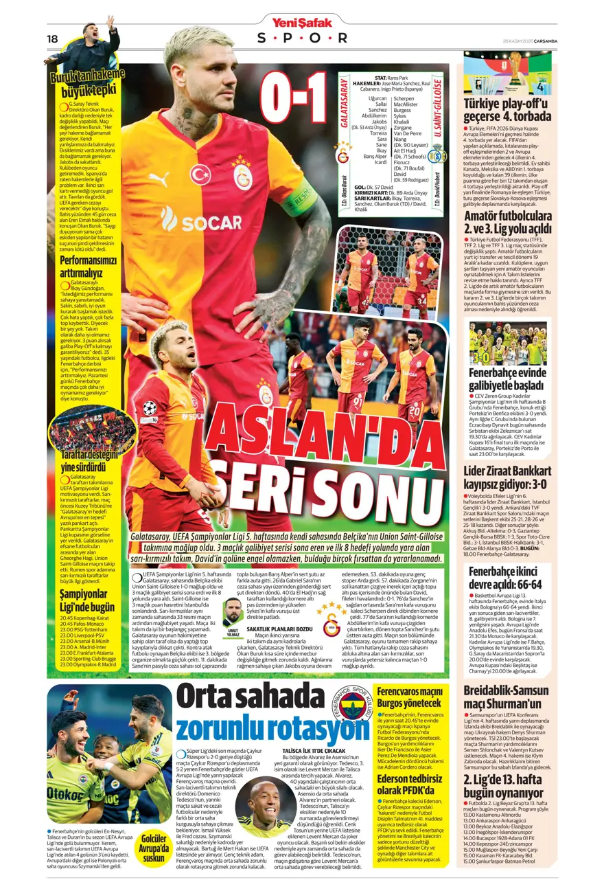 "Aslan fırsat tepti" (26 Kasım 2025 spor manşetleri) 28