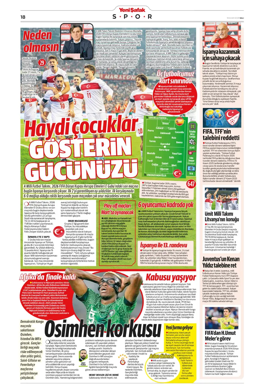 "Fenerbahçe'de Ocak operasyonu" (18 Kasım 2025 spor manşetleri) 19