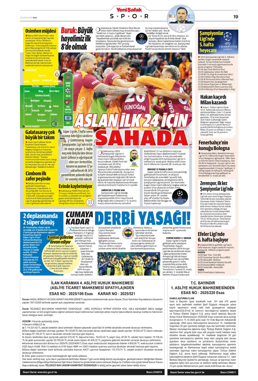 "Aslan'ın yeni avı Union SG" (25 Kasım 2025 spor manşetleri) 22