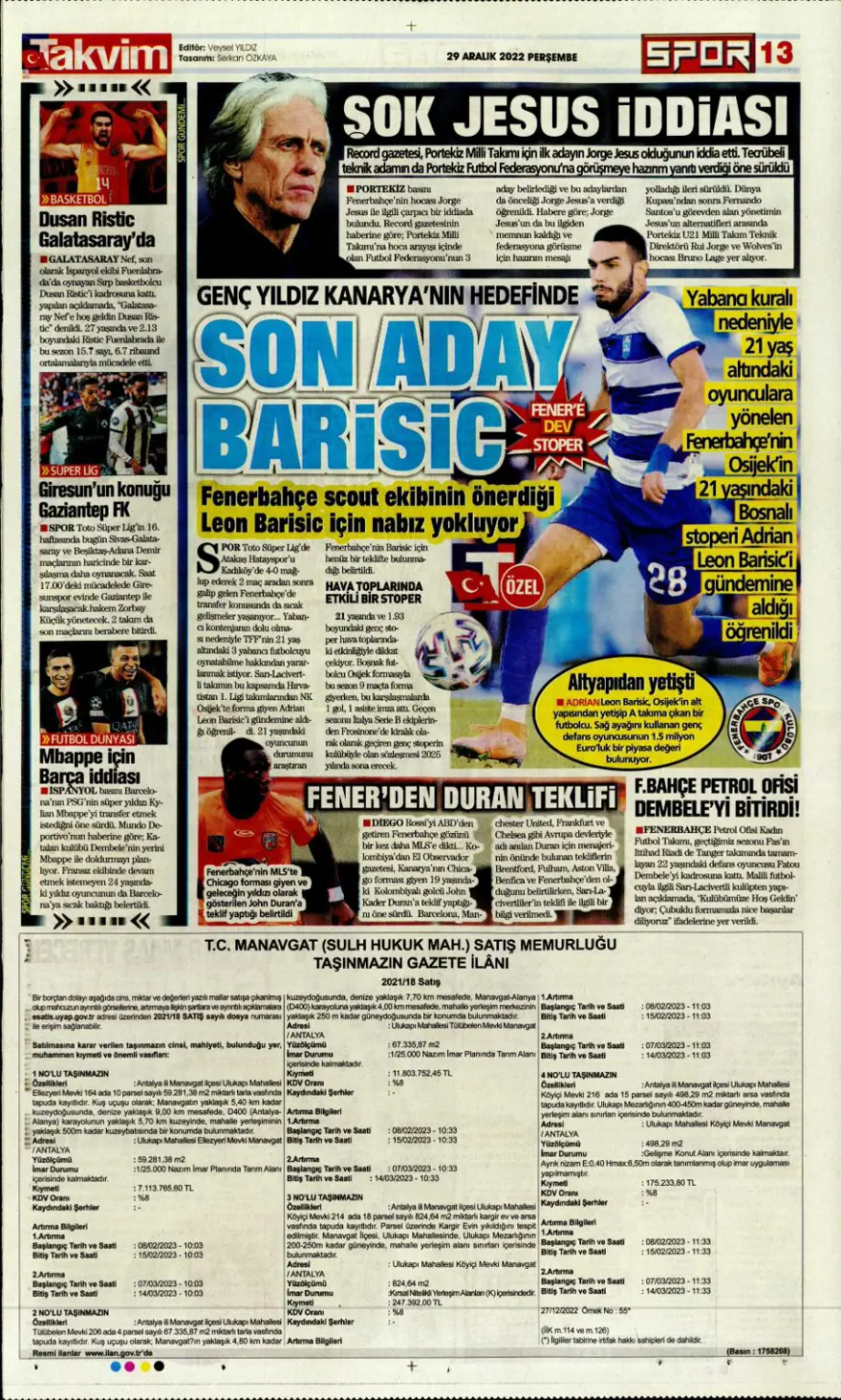 Günün spor manşetleri (29 Aralık 2022) 11