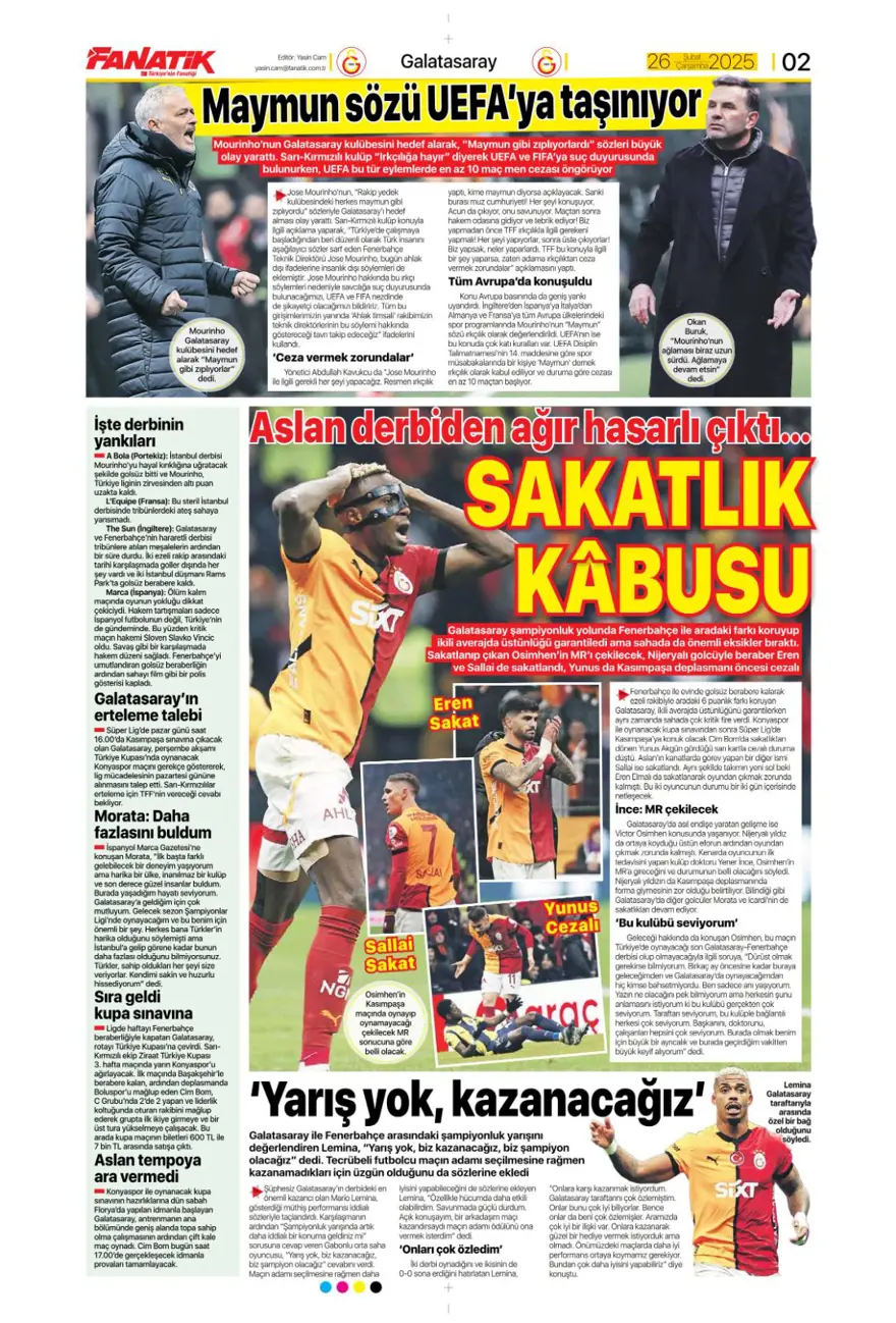 "Türk futbolunda maymun tartışması" (26 Şubat 2025 spor manşetleri) 4