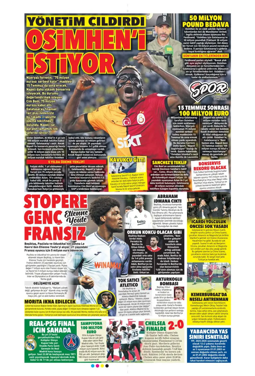 "Peters'a resmi teklif" (9 Temmuz 2025 spor manşetleri) 10