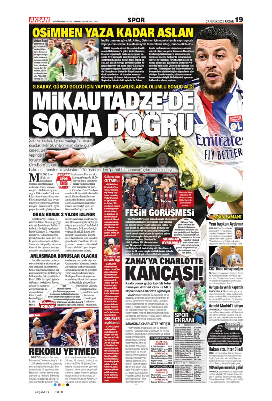 "Galatasaray'dan dünya yıldızı operasyonu" (29 Aralık 2024 spor manşetleri) 2