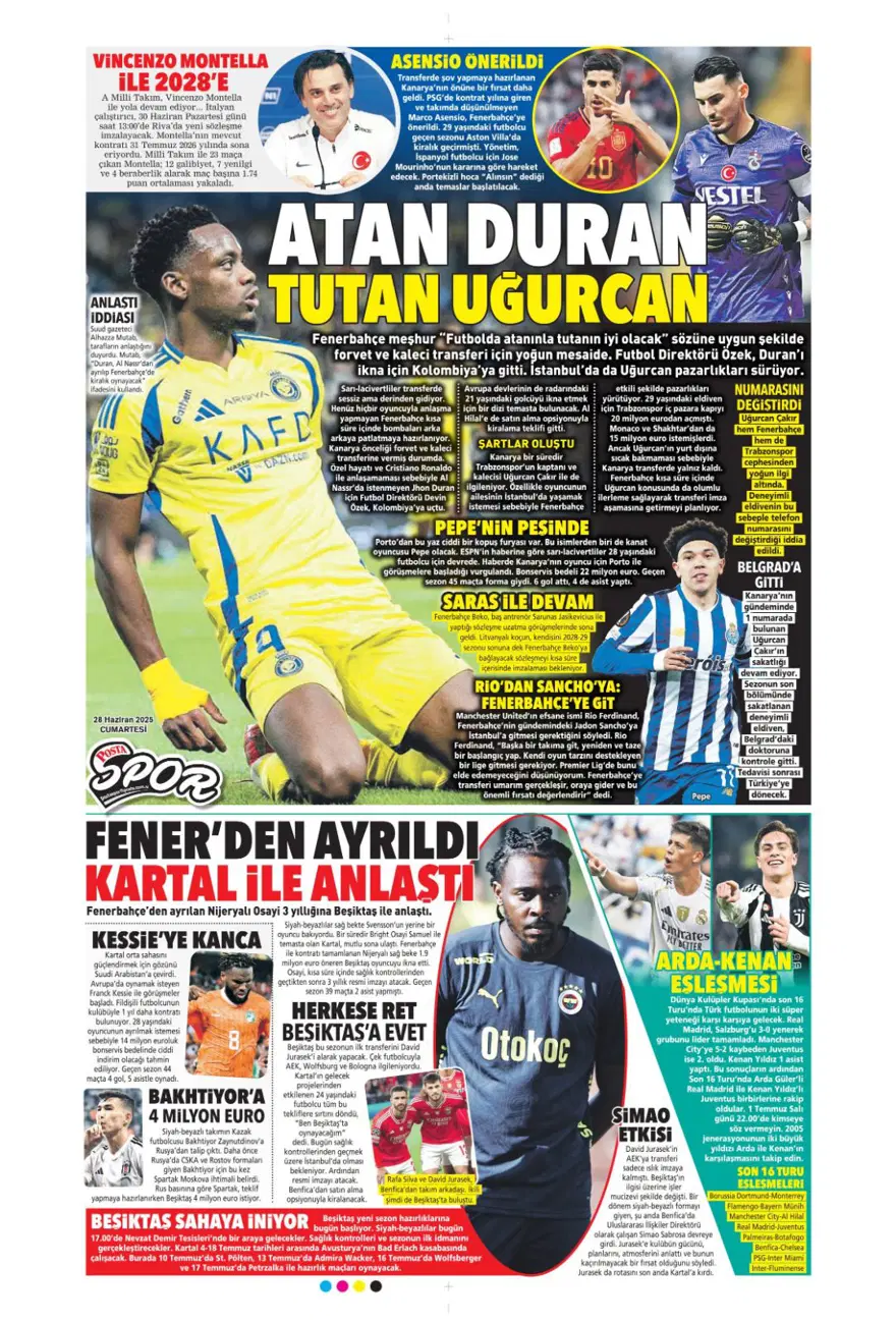 "Kolombiya seferi" (28 Haziran 2025 spor manşetleri) 9