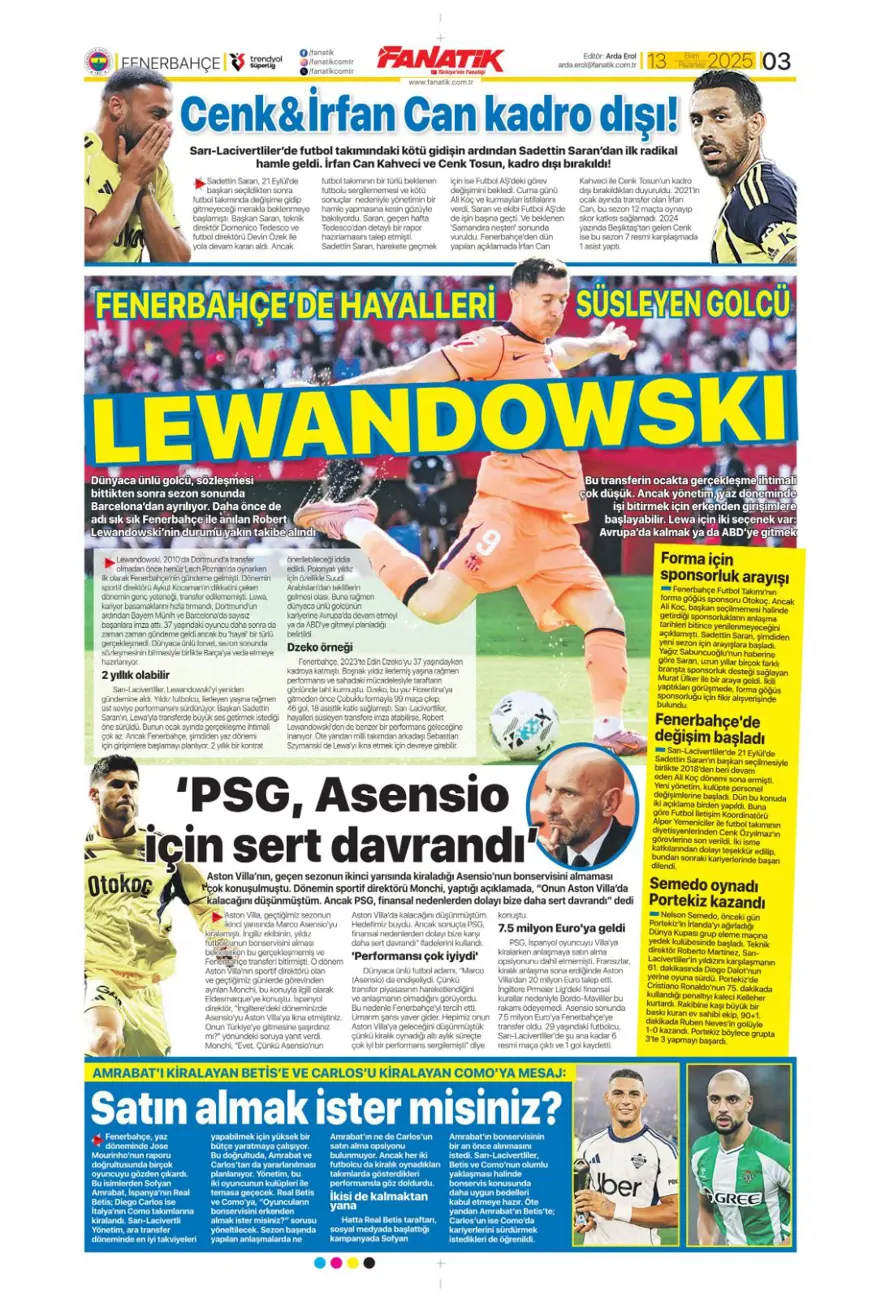 "Bayern'in dinamosu Fener'e..." (13 Ekim 2025 spor manşetleri) 2