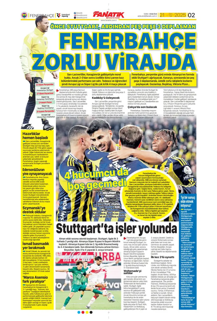 "Fenerbahçe'nin kader virajı" (21 Ekim 2025 spor manşetleri) 1