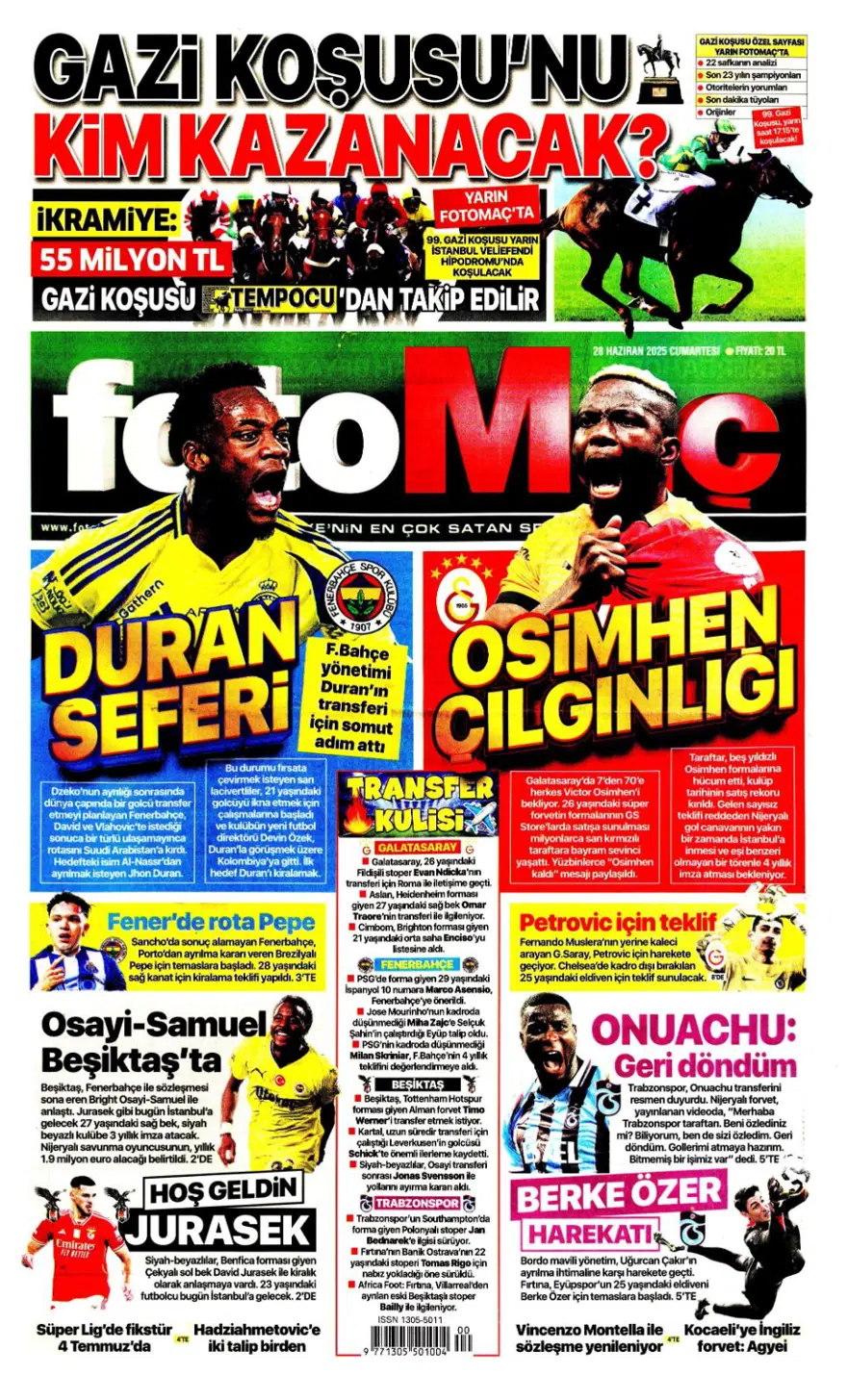 "Kolombiya seferi" (28 Haziran 2025 spor manşetleri) 3