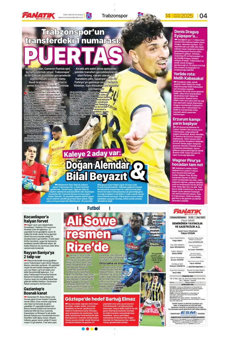 "Pasta Asensio, çilek Bissouma" (14 Temmuz 2025 spor manşetleri) 3