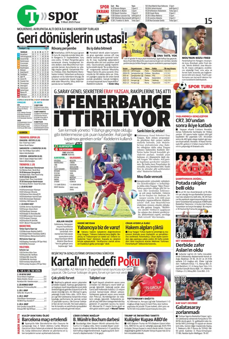 "1 numaralı büyük plan" (9 Mart 2025 spor manşetleri) 17