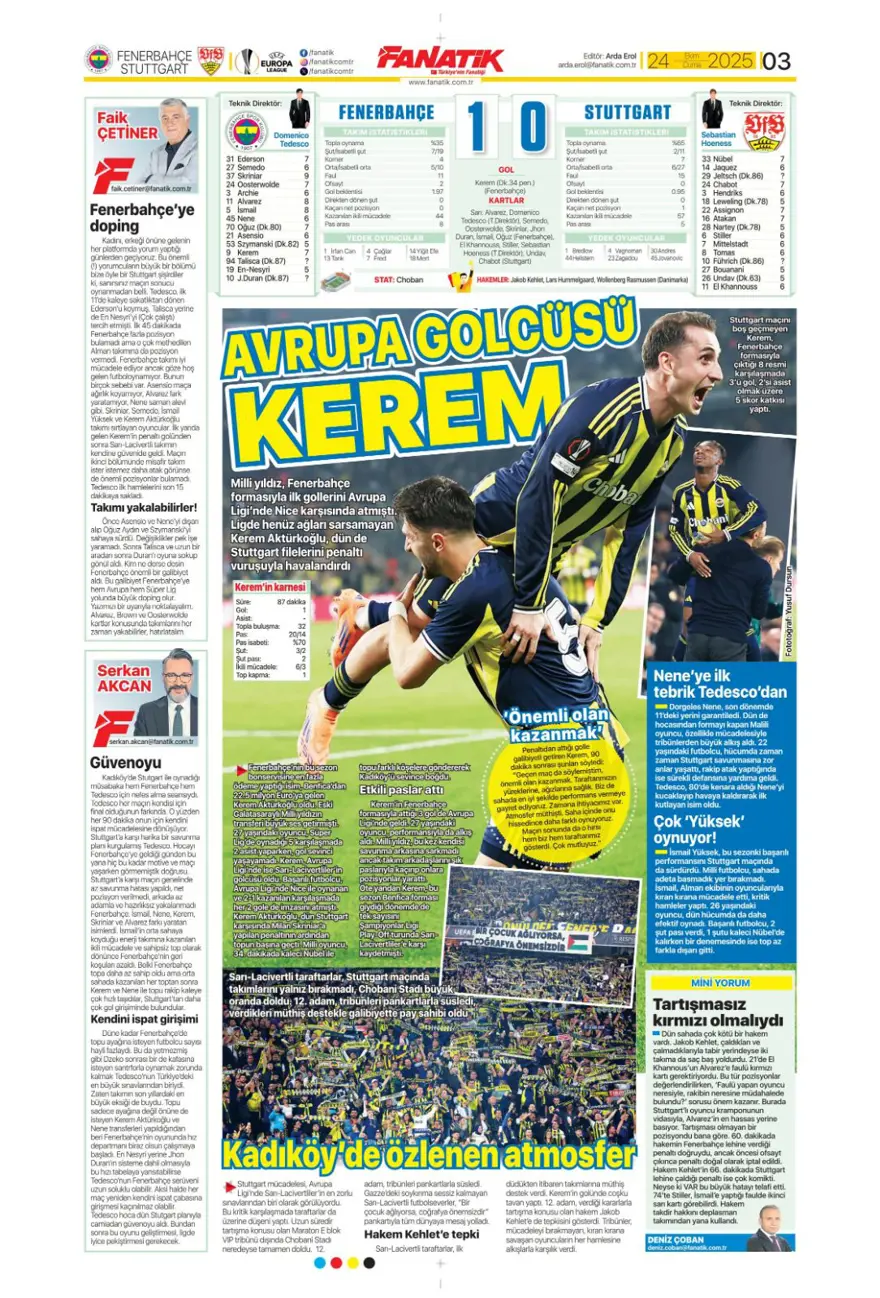 "Kadıköy canavarı" (24 Ekim 2025 spor manşetleri) 5