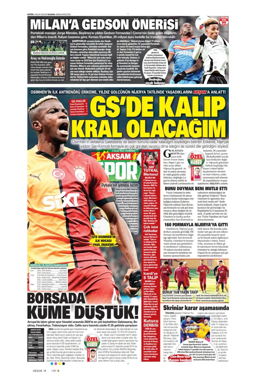 "Galatasaray'da Sane bombası" (2 Ocak 2025 spor manşetleri) 