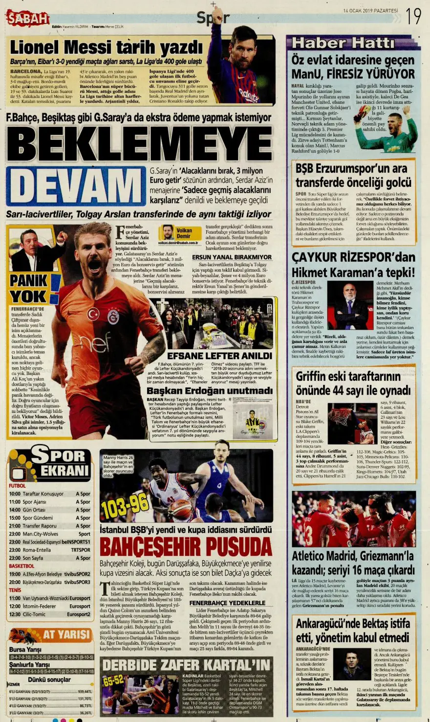 Günün spor manşetleri (14 Ocak 2019) 8
