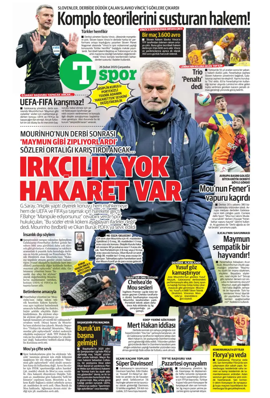 "Türk futbolunda maymun tartışması" (26 Şubat 2025 spor manşetleri) 28