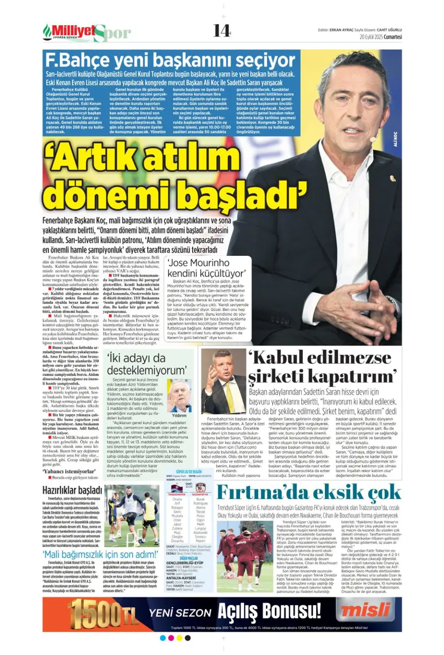 "Kartal yoğun bakımda" (20 Eylül spor manşetleri) 13