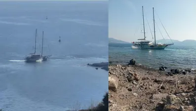 Bodrum'da 41 metre uzunluğundaki yelkenli karaya oturdu