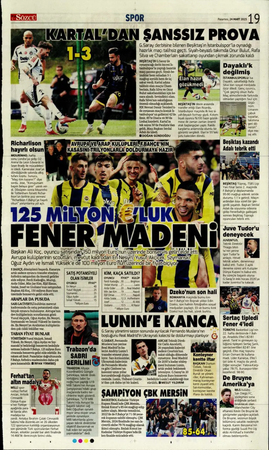 "Türkiye devler liginde" (24 Mart 2025 spor manşetleri) 10