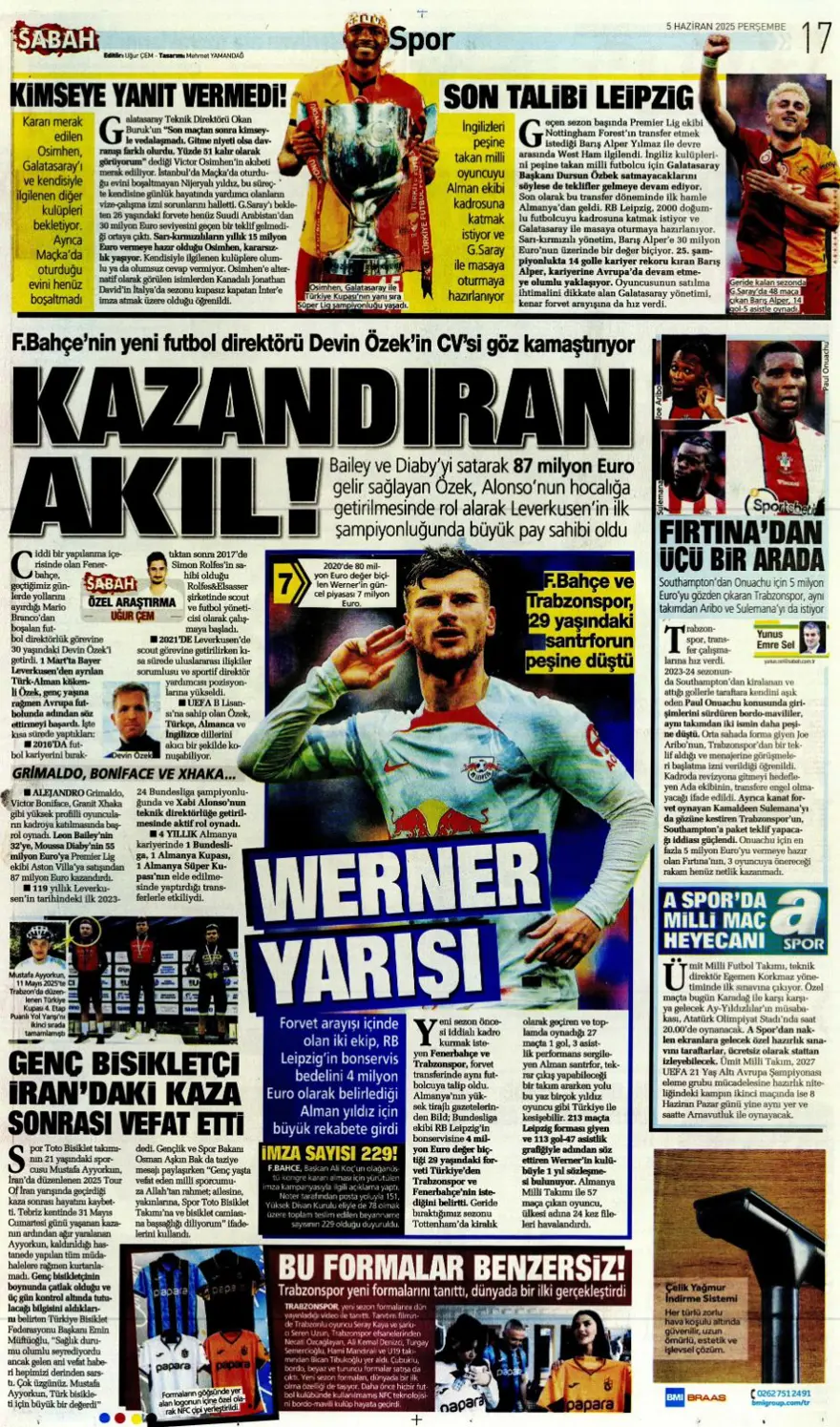 Transferin gündemi Sane (5 Haziran 2025 spor manşetleri) 13