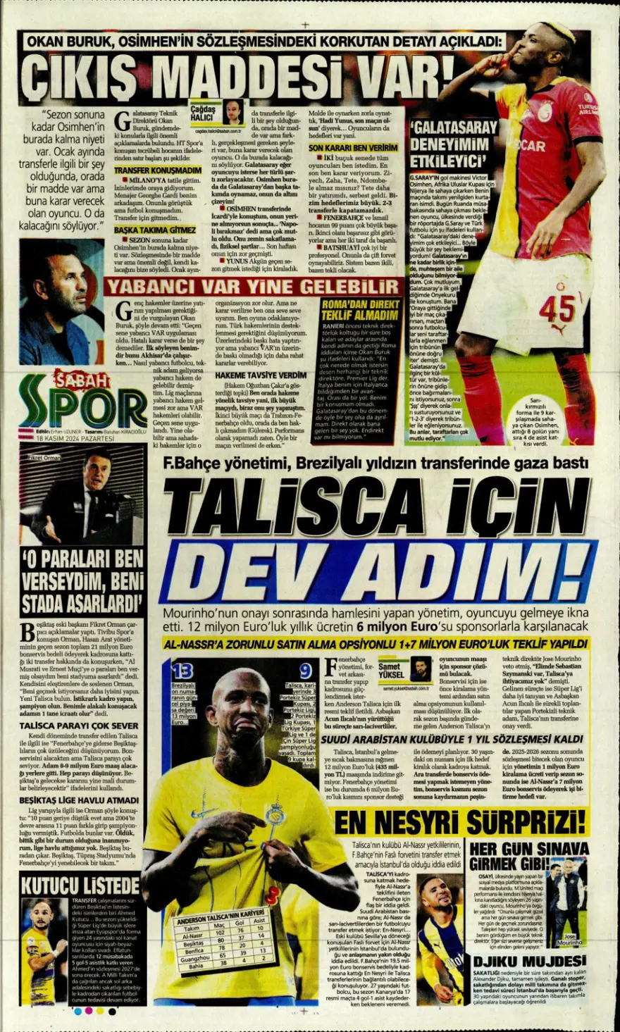 “Fenerbahçe’de dev takas” (18Kasım 2024 spor manşetleri) 27