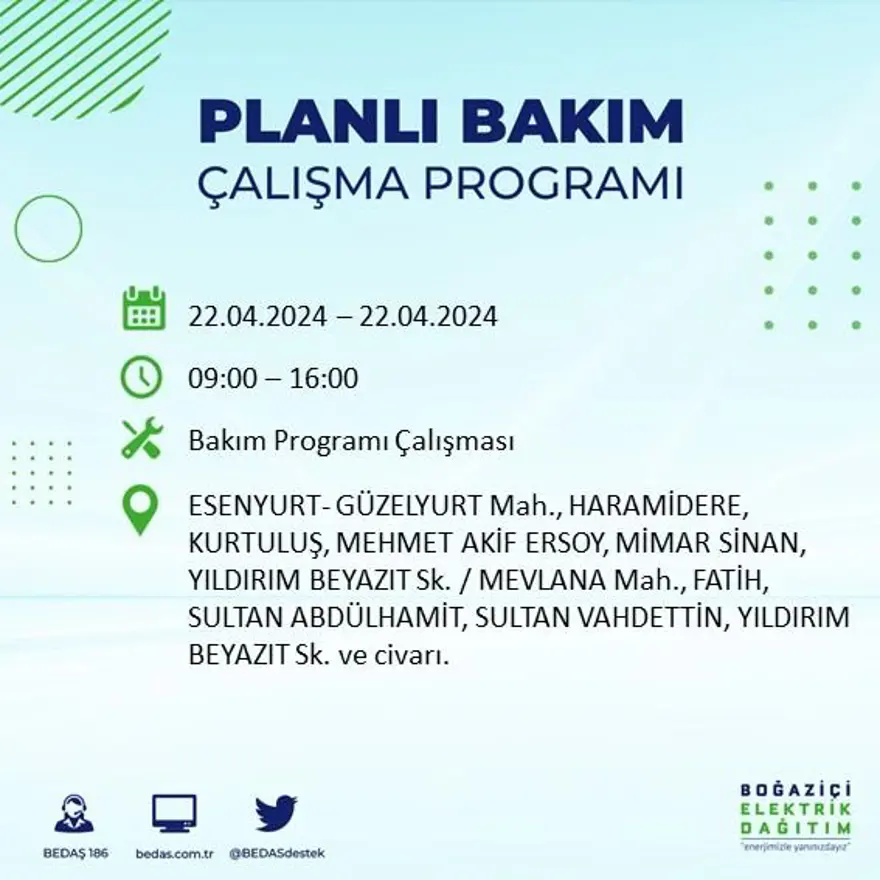 22 Nisan tarihli BEDAŞ kesinti programı: İstanbul'un 18 ilçesinde elektrik kesintisi: Elektrikler ne zaman gelecek? 32 22 Nisan tarihli BEDAŞ kesinti programı: İstanbul'un 18 ilçesinde elektrik kesintisi: Elektrikler ne zaman gelecek? 32