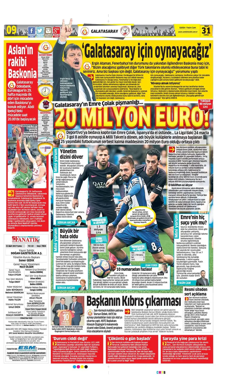 Günün spor manşetleri (31 Mart 2017) 12