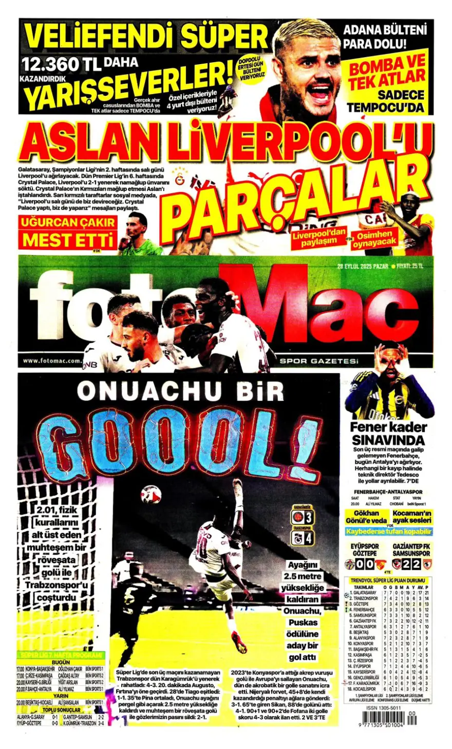 "Fenerbahçe'nin kader gecesi" (28 Eylül 2025 spor manşetleri) 9