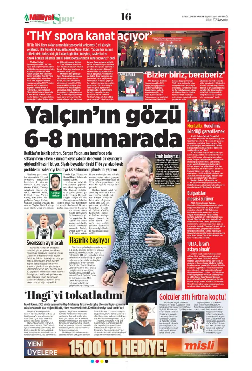 "Ne istersen o" (8 Ekim 2025 spor manşetleri) 8