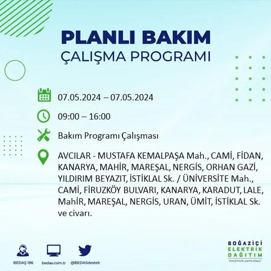 İstanbul'un 23 ilçesinde elektrik kesintisi: Elektrikler ne zaman gelecek? (7 Mayıs tarihli BEDAŞ kesinti programı) 5 İstanbul'un 23 ilçesinde elektrik kesintisi: Elektrikler ne zaman gelecek? (7 Mayıs tarihli BEDAŞ kesinti programı) 5