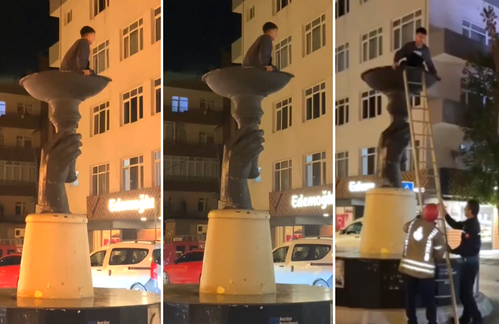 İddiayıkazandı ama mahsur kaldı: Heykele çıkan genci itfaiye kurtardı