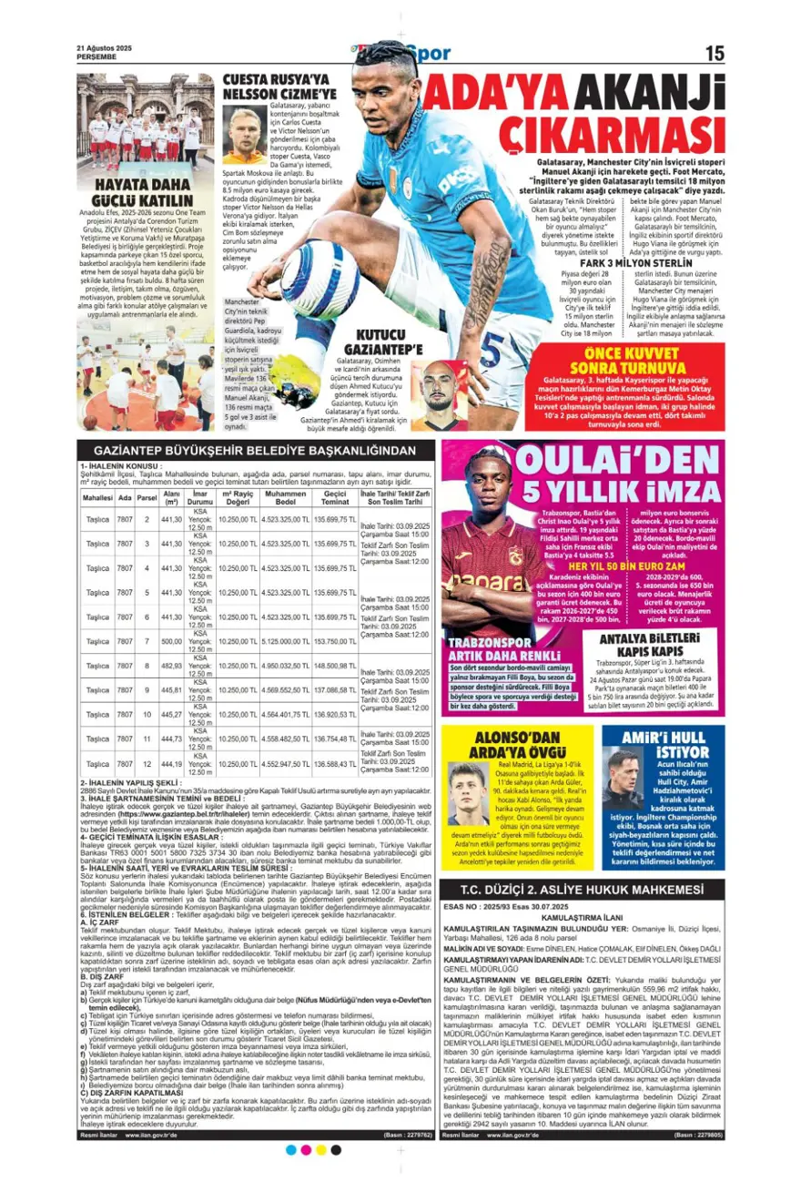 "Akanji müjdesi" (21 Ağustos spor manşetleri) 21