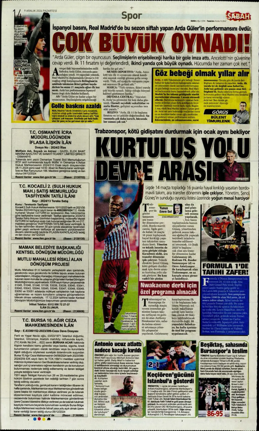 "Bayram yarım kaldı" (9 Aralık 2024 spor manşetleri) 6