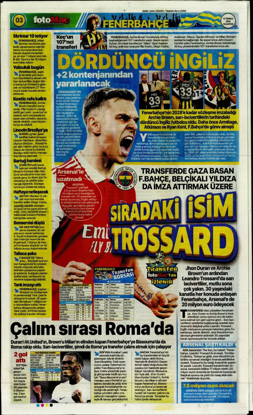 "Pasta Asensio, çilek Bissouma" (14 Temmuz 2025 spor manşetleri) 6