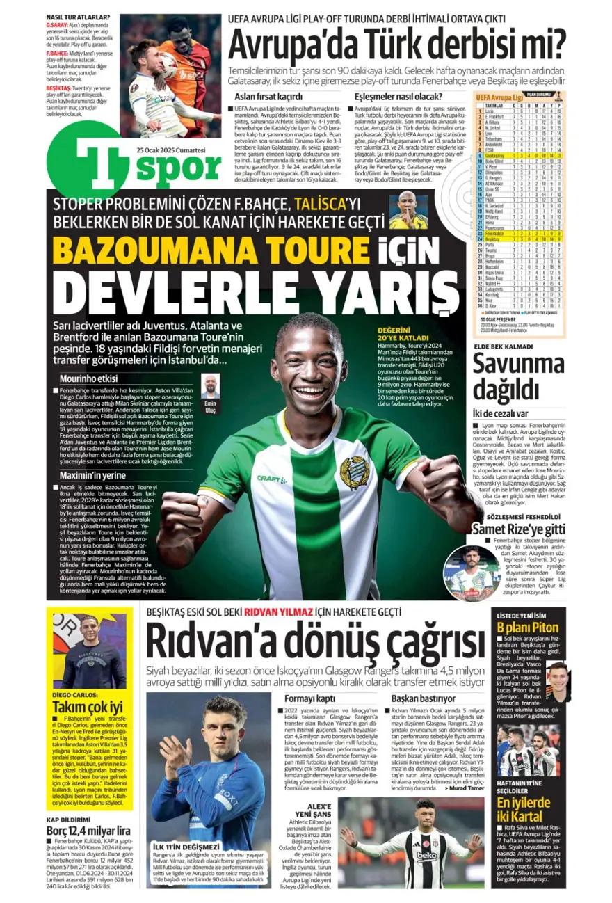 "Aslan'dan Talisca atağı" (25 Ocak 2025 spor manşetleri) 32