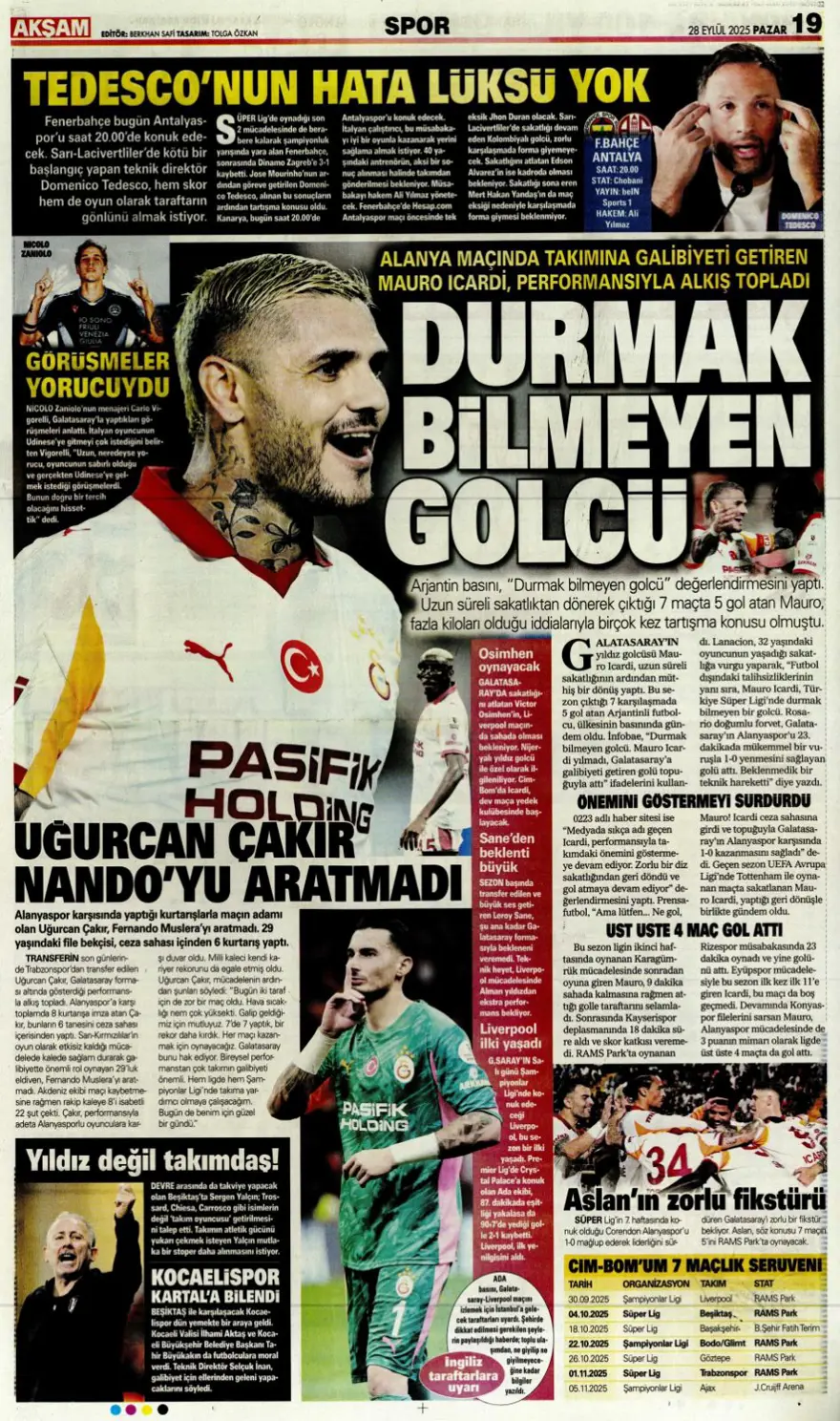 "Fenerbahçe'nin kader gecesi" (28 Eylül 2025 spor manşetleri) 6