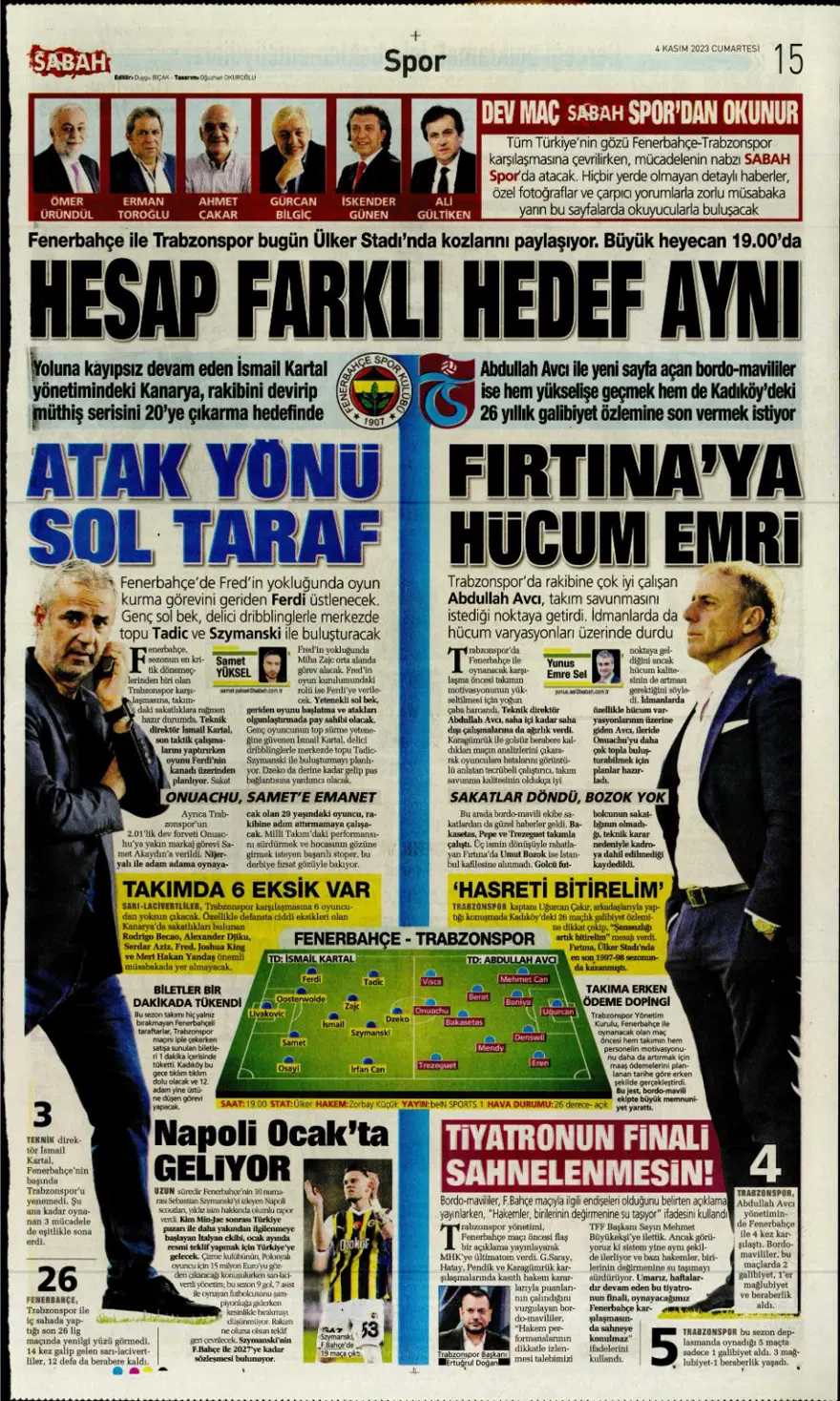 "Hesap farklı hedef aynı" (4 Kasım 2023 spor manşetleri) 