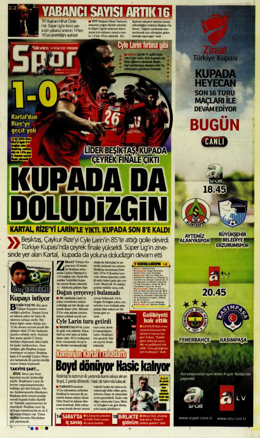 Günün spor manşetleri (14 Ocak 2021) 14