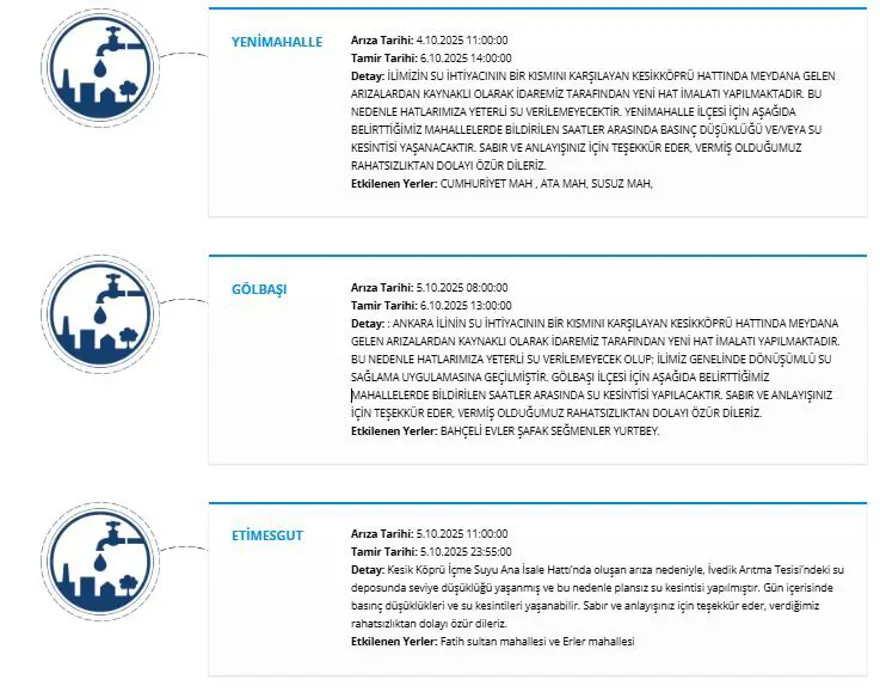 Ankara'nın 7 ilçesinde su kesintisi: Sular ne zaman gelecek? (ASKİ 6 Ekim su kesintisi programı) 7