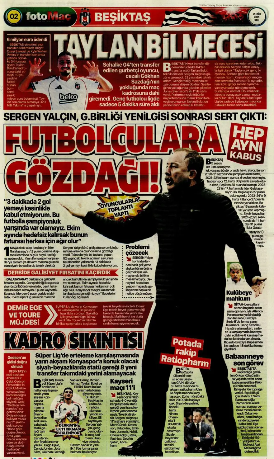 "Fenerbahçe'nin kader virajı" (21 Ekim 2025 spor manşetleri) 7