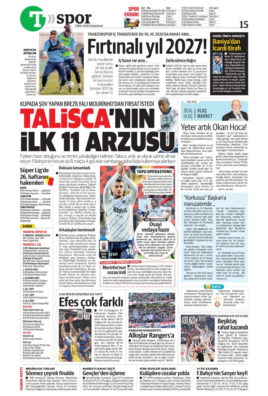 "Galatasaray Brezilyalı kaleciyle anlaştı" (1 Mart 2025 spor manşetleri) 27