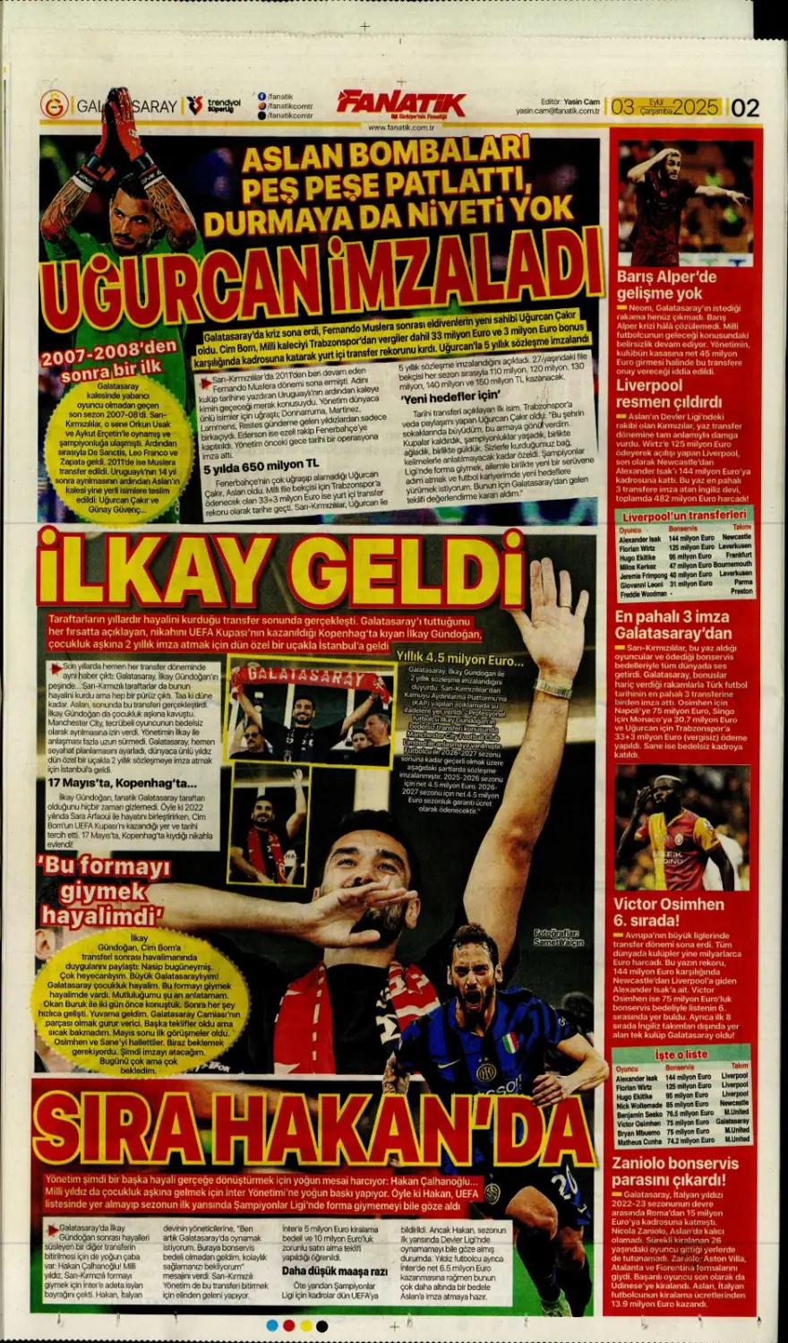 "Transfer çılgınlığı" (3 Eylül spor manşetleri) 1