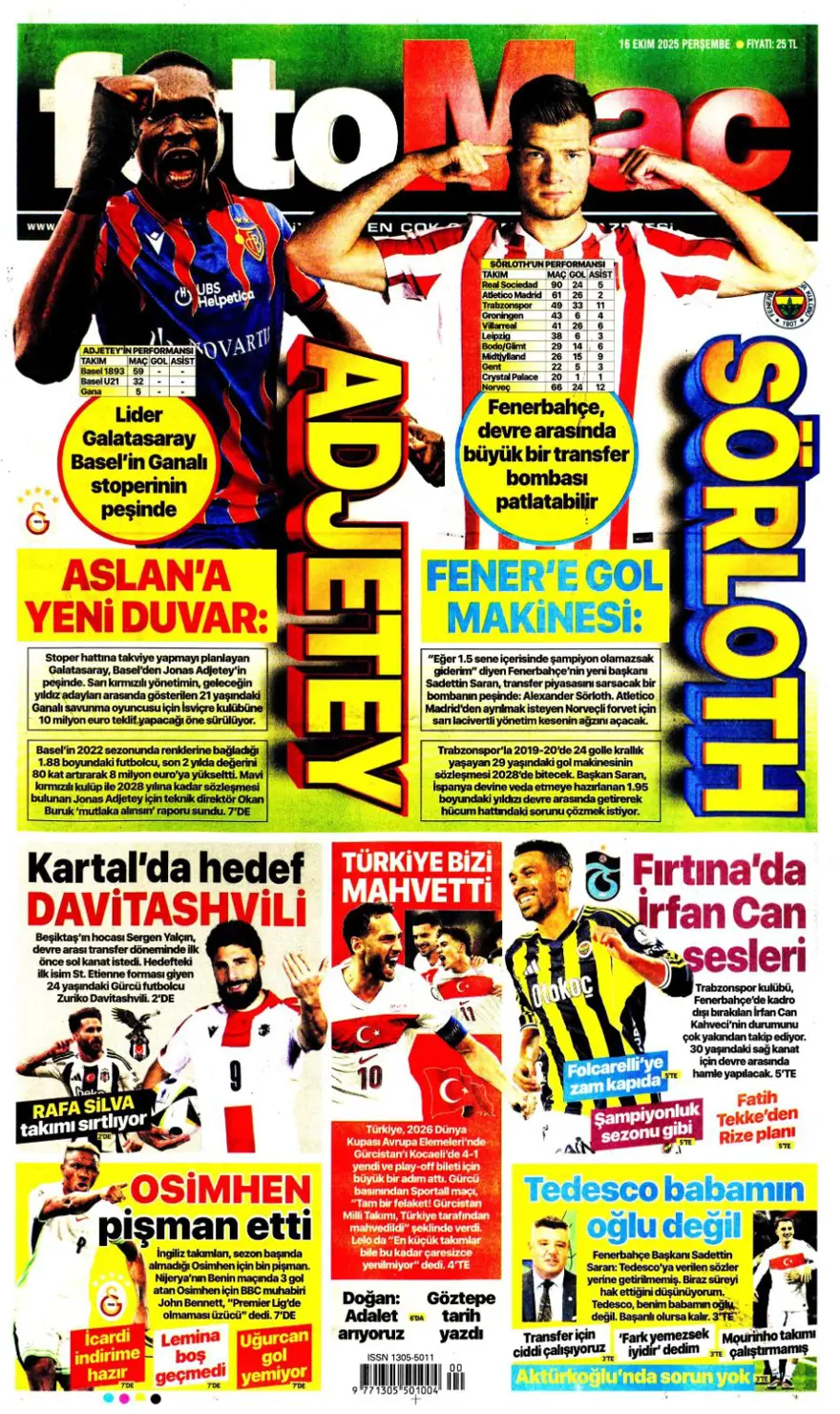 "İrfan Can bombası" (16 Ekim 2025 spor manşetleri) 3