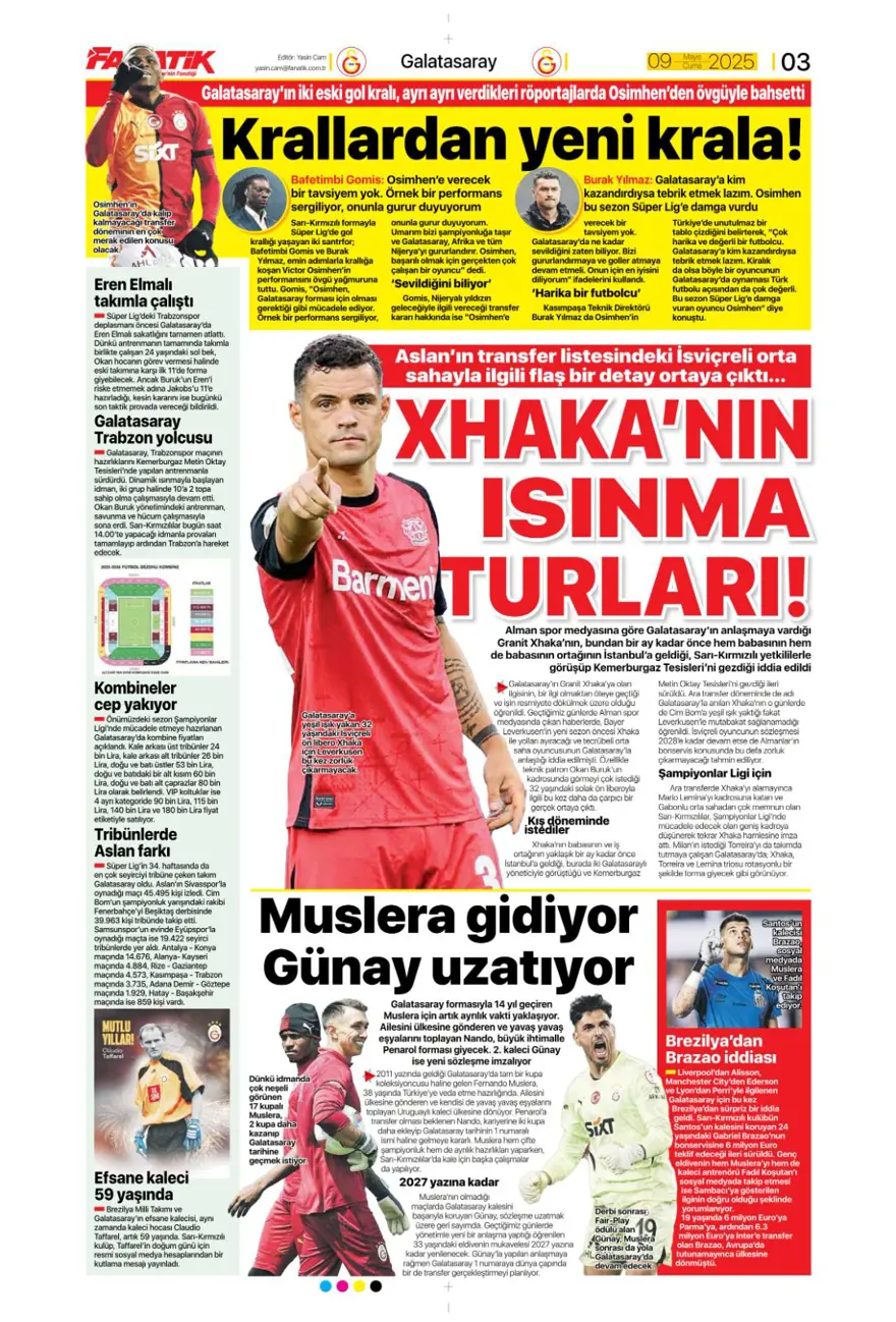 "Galatasaray 10'un peşini bırakmıyor" (9 Mayıs 2025 spor manşetleri) 7