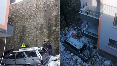 Otomobil 15 metre yükseklikten boşluğa düştü