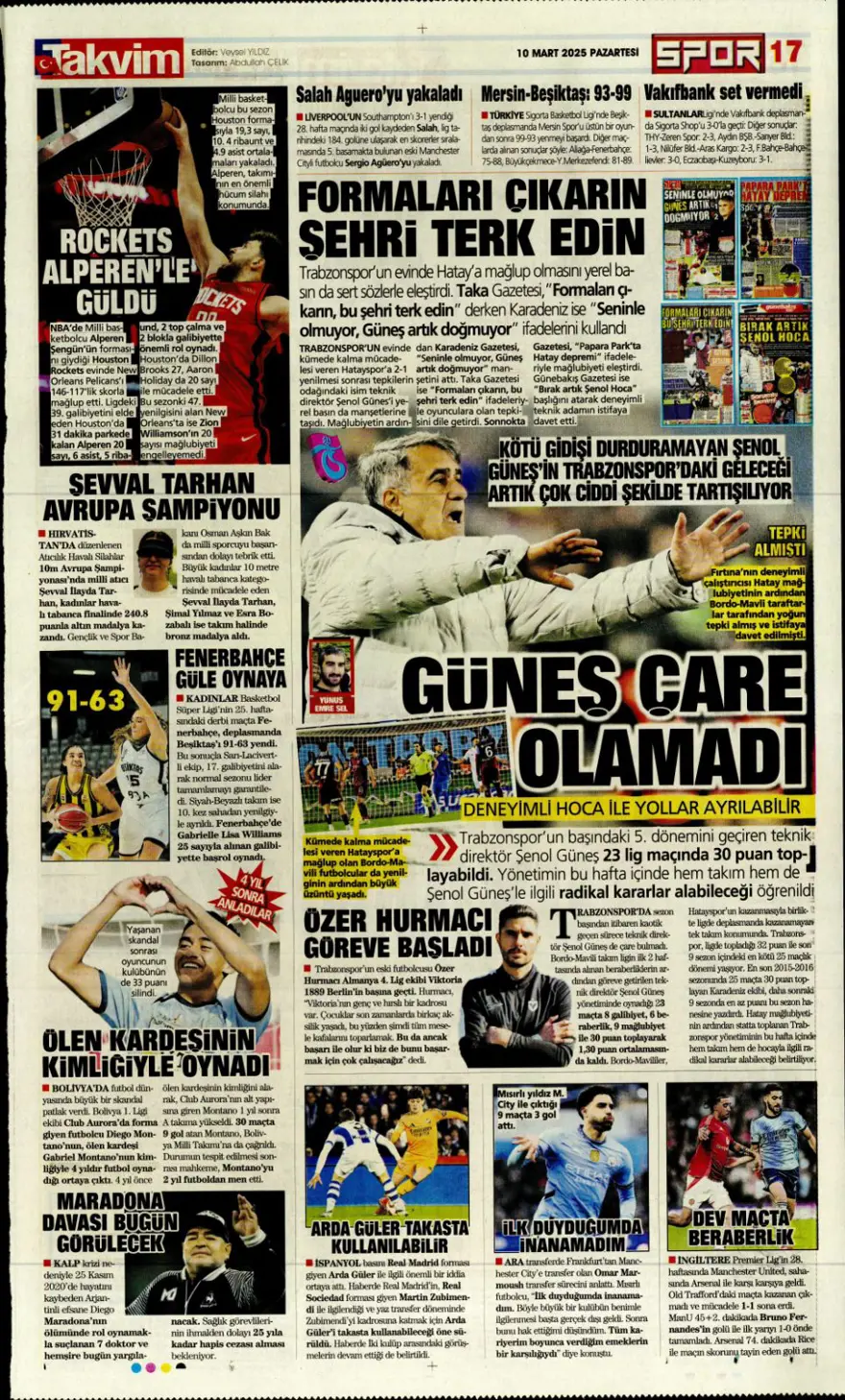 "Aslan kral kükredi" (10 Mart 2025 spor manşetleri) 12