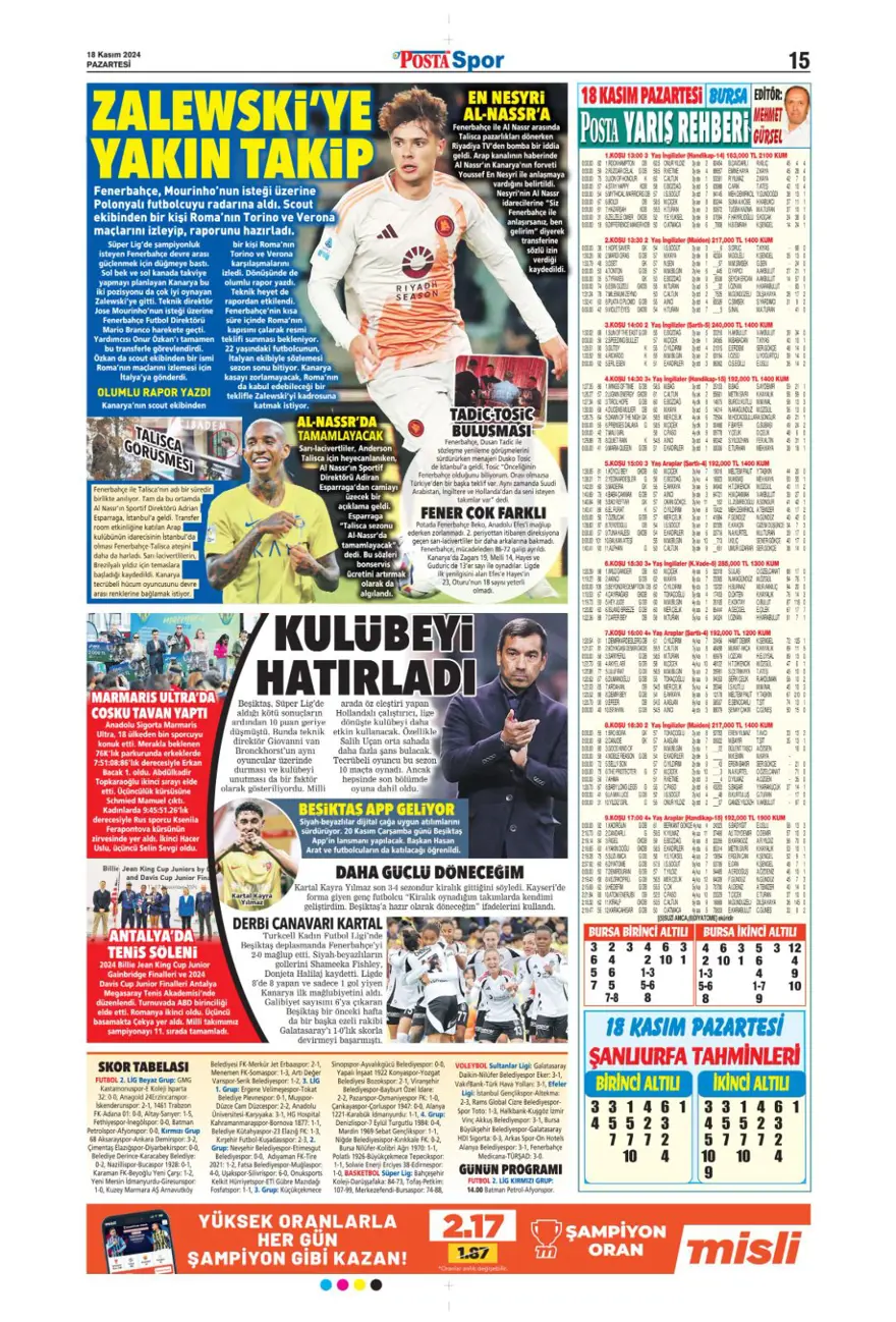 “Fenerbahçe’de dev takas” (18Kasım 2024 spor manşetleri) 24
