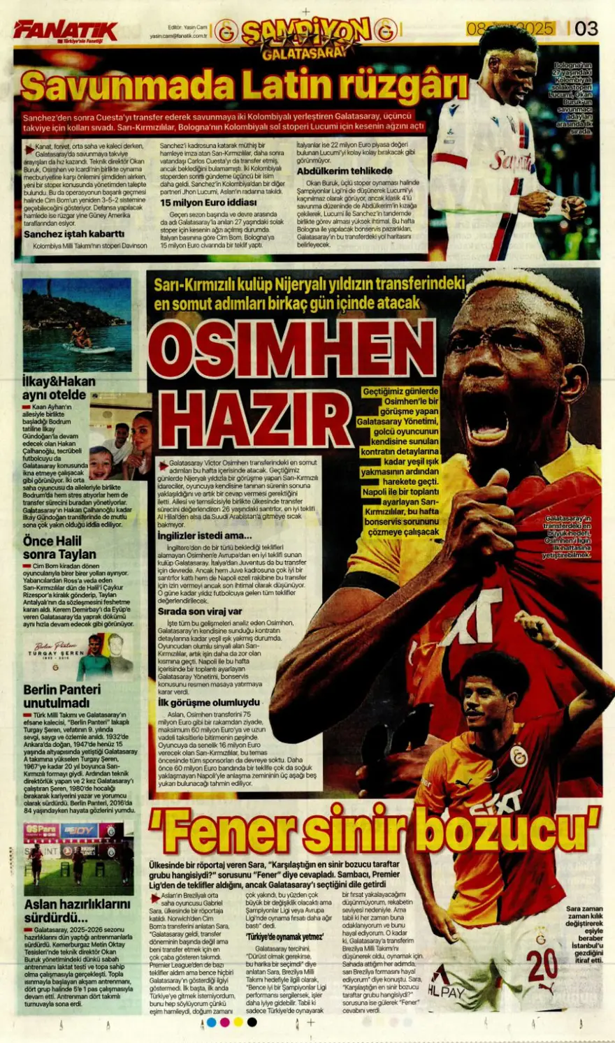 "100 milyon euro paniği" (8 Temmuz 2025 spor manşetleri) 4