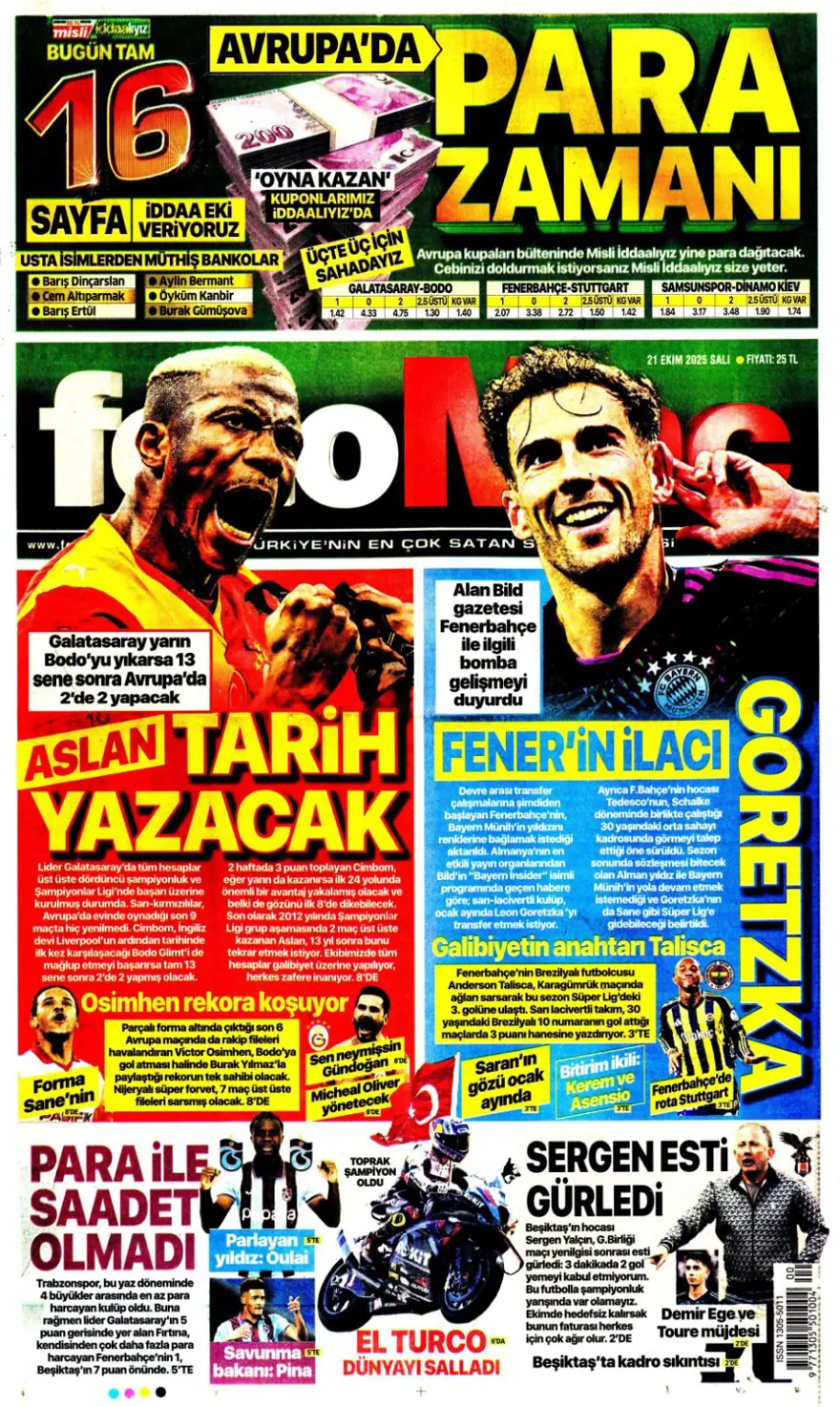 "Fenerbahçe'nin kader virajı" (21 Ekim 2025 spor manşetleri) 6