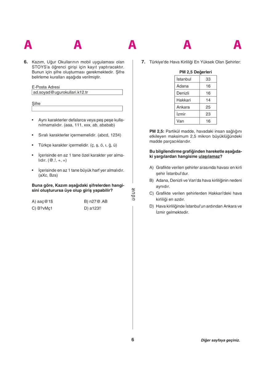 Uğur Okulları LGS deneme sınavı (Sözel bölüm) 5