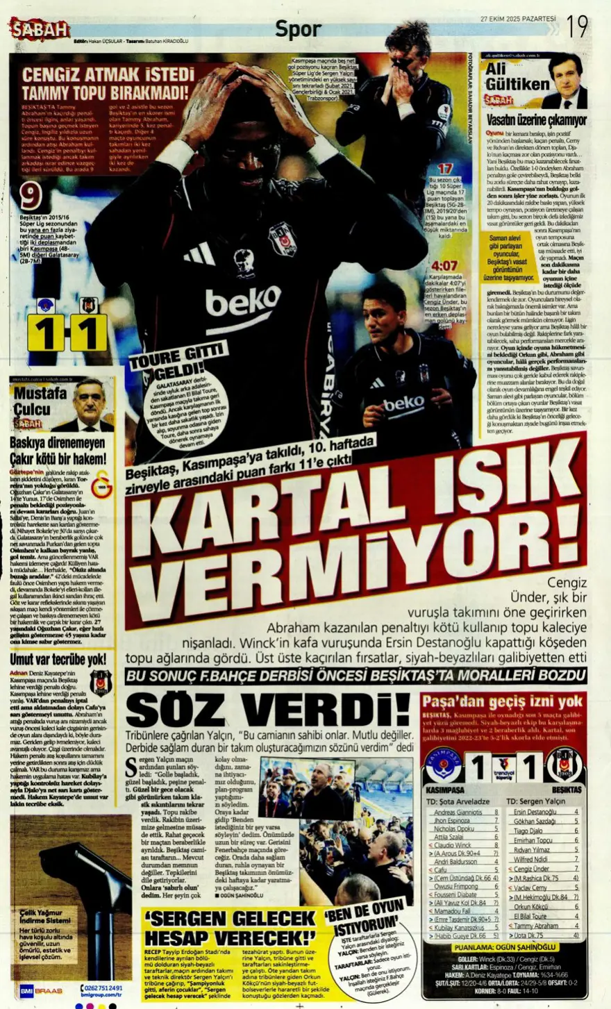 "Kartal'ı bitiren 25 saniye" (27 Ekim 2025 spor manşetleri) 18